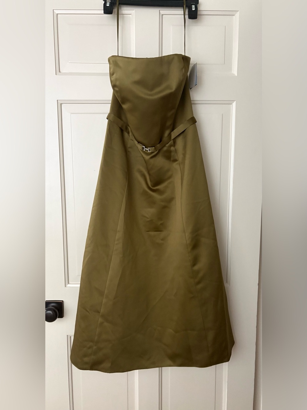 Vintage Michaelangelo Olive Green Satin Strapless A-Line Formal Gown Dress sz 10